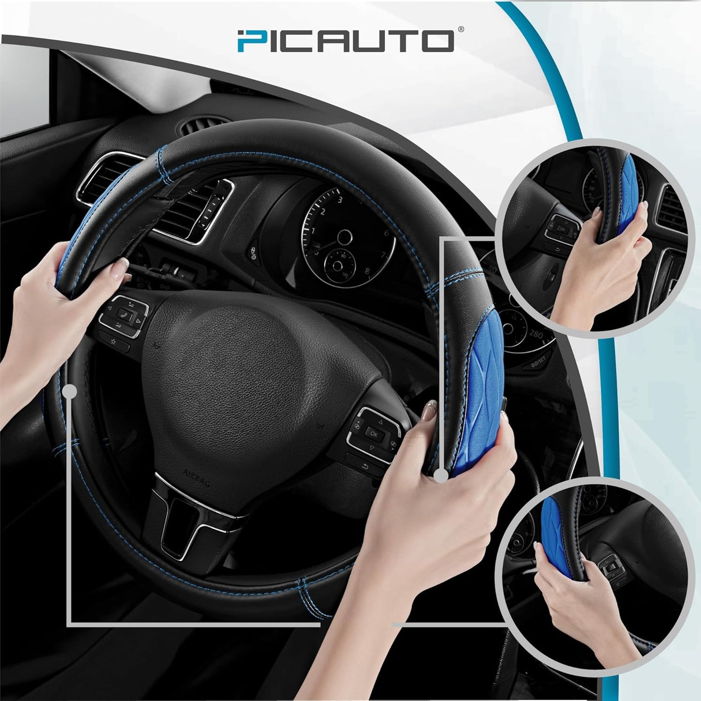 PIC AUTO Steering Wheel Cover, Blue Thick Rhombic Foam and Premium Leather, Universal 14.5-15.5 Inch Breathable Anti-Slip Steering Wheels Accessories for Men & Women