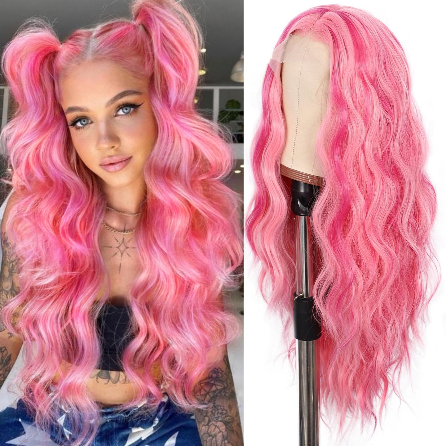 SAPPHIREWIGS Highlight Pink Lace Front Wigs Long Loose Curly Wavy Wig 13  4 Synthetic Lace Front Wigs Glueless Heat Resistant Fi