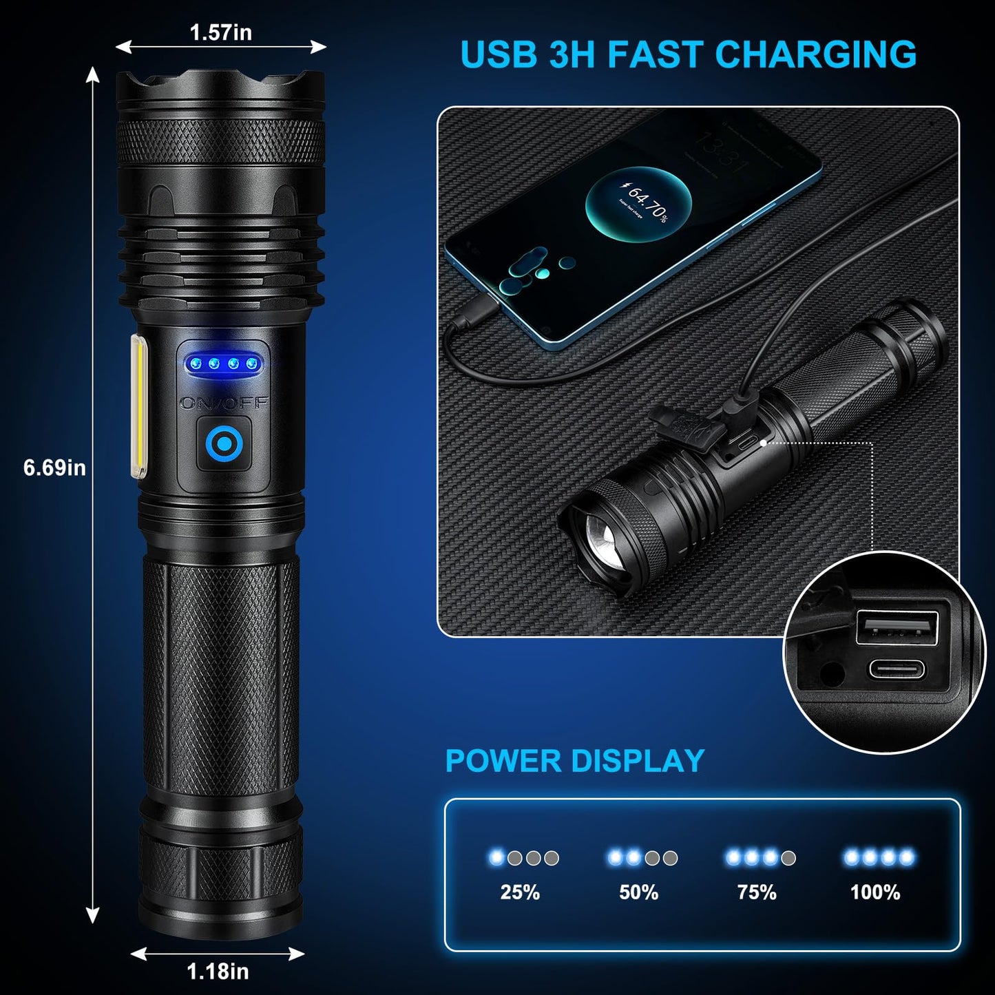 Alicegirl Rechargeable Flashlight, 99000LM, 8 Modes, Waterproof, Aluminum, Model M111-COB, Black