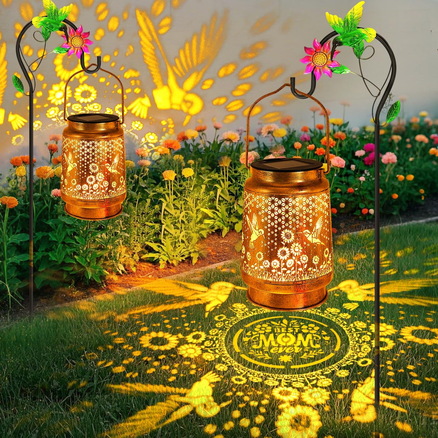 2 Pack Hummingbird Solar Lanterns Outdoor Garden Decor  Birthday Gifts For Women Mom Grandma Christmas  Hanging Metal Solar Lights Waterproof Led Decoration With Shepherd Hook Outside For Yard Patio