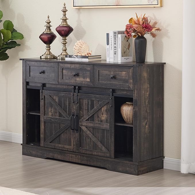 Farmhouse Bar Cabinet with Wine Rack 54" Coffee Buffet Cabinet with Sliding Barn Doors, Adjustable Shelves Rustic Buffets & Sideboards with 3 Drawers for Dining Room/Kitchen, Black