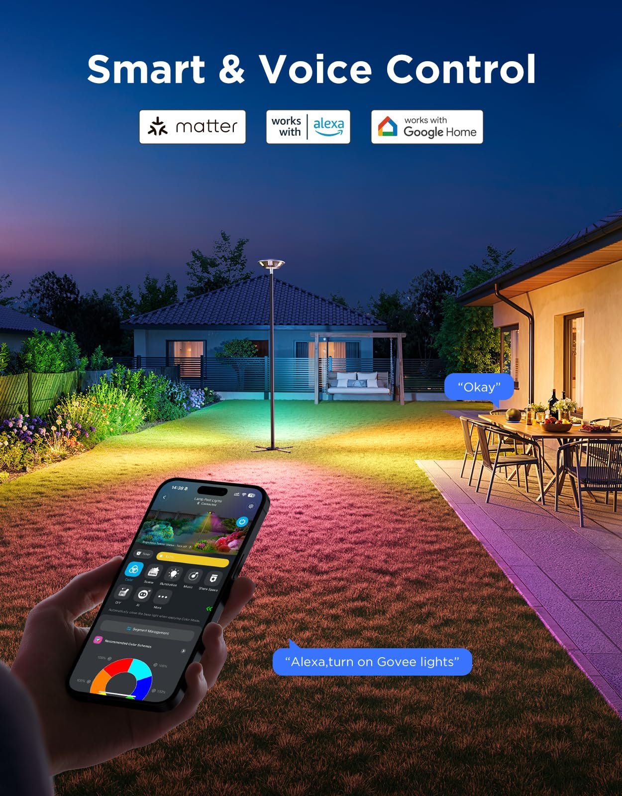 Govee Outdoor Lamp Post Lights, 2000LM High White Brightness with 6 Zones RGBIC Lighting Effect for Outdoor Decor, Double Sensor Integrated, IP66 Waterproof, Work with Alexa, Google Assistant, Matter