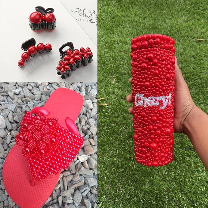 4000PCS Flatback Rhinestones and Half Round Pearls Kit #13, Multi Size Glass Clear & AB Crystals, Plastic Flat Back Red Dome Bead with Pickup Pencil and Tweezer for Nail Art