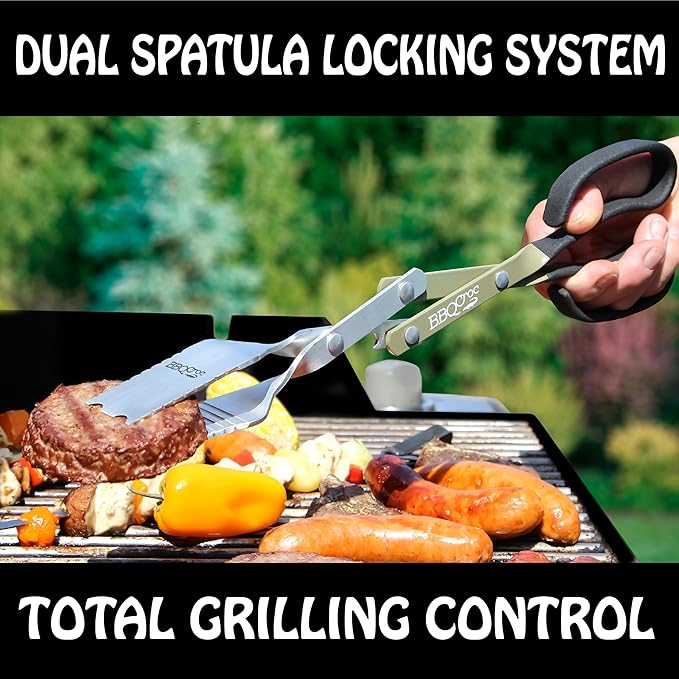 Pack of Two 15-inch 3-in-1 Barbecue Tools by BBQ Croc - Extra Light Tongs, Spatula and Grill Scraper (Green) (15 inch (Pack of 2))