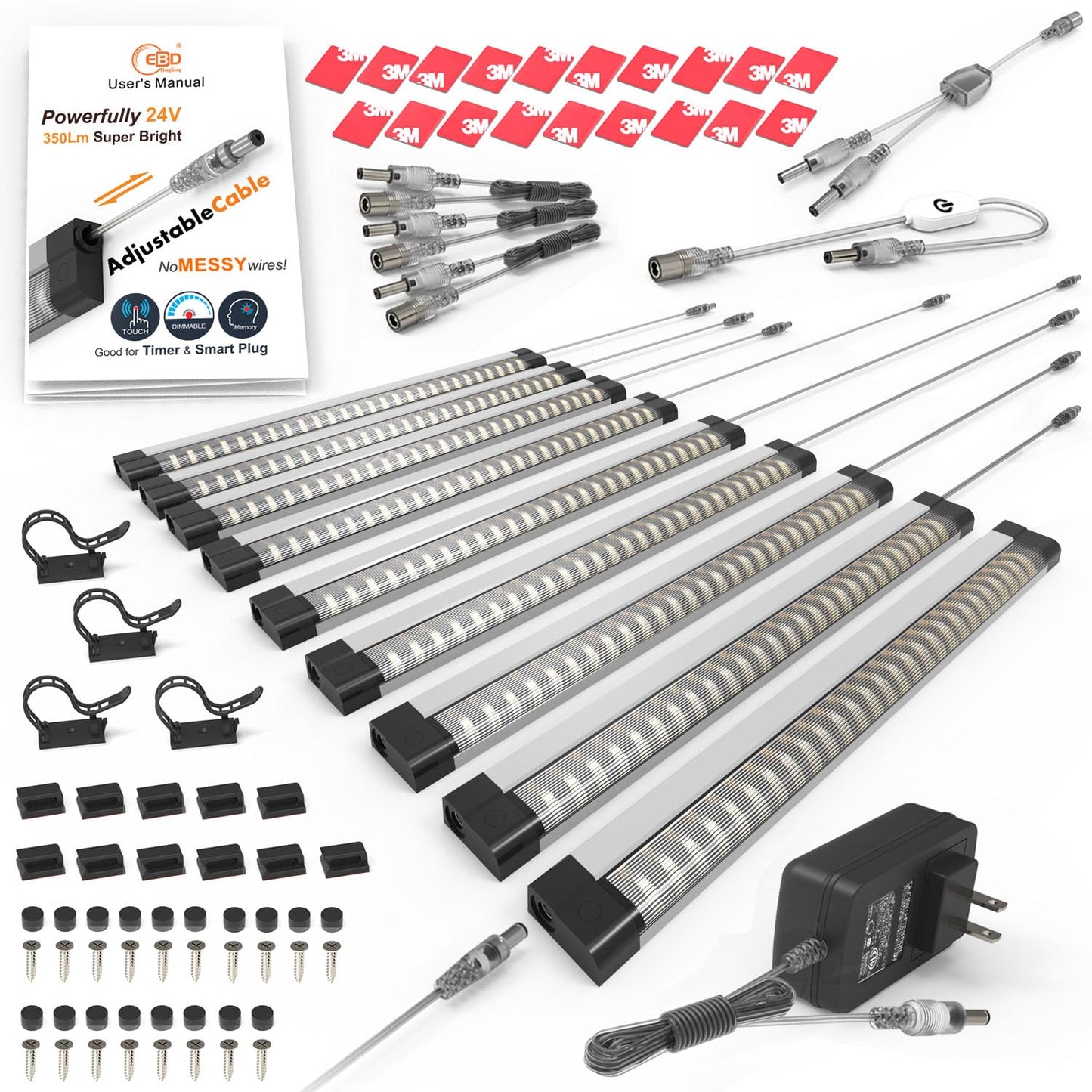 Ebd Under Counter Lights Touch Led Under Cabinet Lighting Built-In 18  Adjustable Cable  Splitter & 3 External Cable  9 Pcs 3000K Warm White 3150Lm Kitchen Under Cabinet Lights