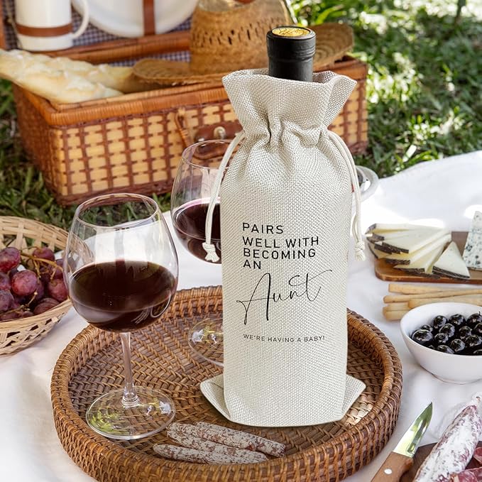 Pairs Well with Becoming An Aunt - Gifts for Sister Wine Bags, 1 PC Reusable Drawstring Burlap Wine Bottle Bags, Baby Announcement Gifts for Women Ladies, Wine Gift Bag Wine Accessories -39