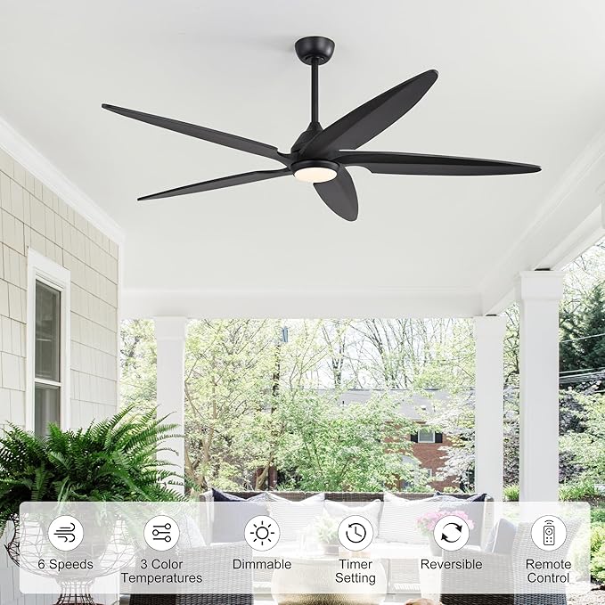 64 Inch Modern Ceiling Fan with Lights and Remote, 5 Wood Blades, 6-Speed Noiseless Reversible DC Motor with Replaceable Downrods for Bedroom Living Room Dining Room, Black