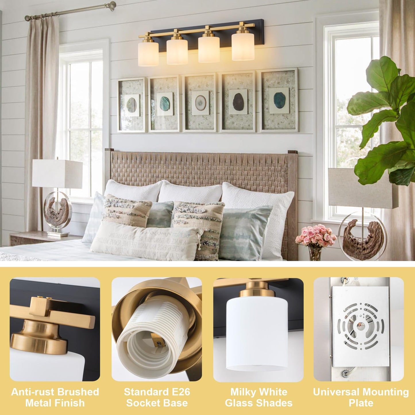 Brknit 4-Light Modern Bathroom Vanity Light Fixture, Black Gold With Milky White Glass Shades, E26 Socket, Model J0057-6-4T