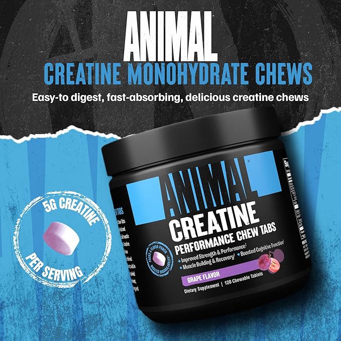 Animal Creatine Chews Tablets - Enhanced Creatine Monohydrate with AstraGin to Improve Absorption, Sea Salt for Added Pumps, Delicious and Convenient Chewable Tablets - Grape
