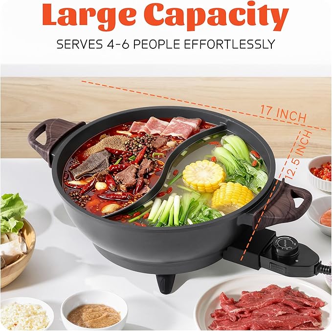 TWIN™ Electric Hot Pot with Divider | PFAS-Free Ceramic Nonstick Pot | EvenHeat Cast Aluminum Body | 1500W Fast Heating | Dual-Flavor Shabu Shabu Pots for Family Use | 1-Yr Warranty