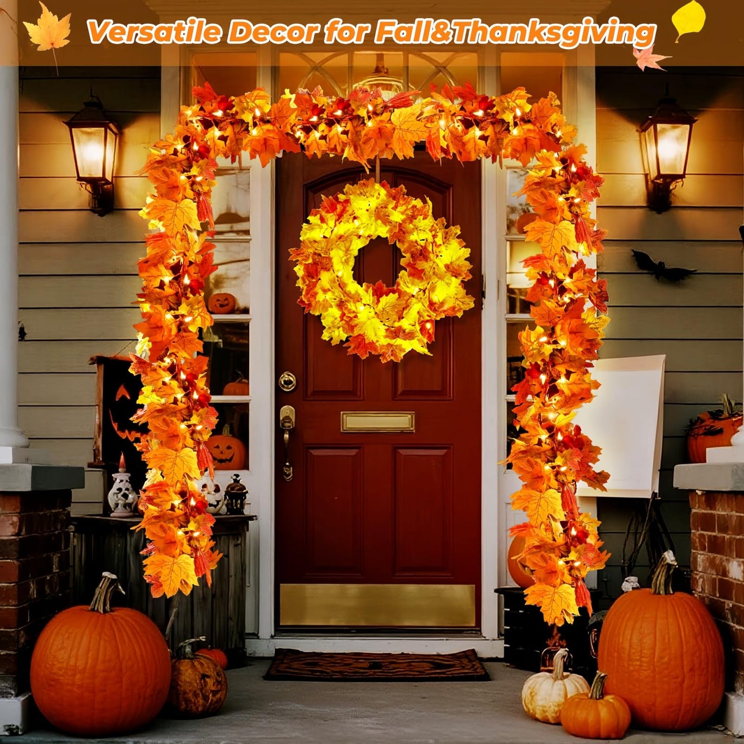 3Pack Fall Leaf Garland With Lights Plug In  35 Orange Bulbs Light Up Fall Leaves Garland  Fall Decor Fall Decorations For Home Table Thanksgiving Mantel Fireplace Porch Halloween Autumn Decorations