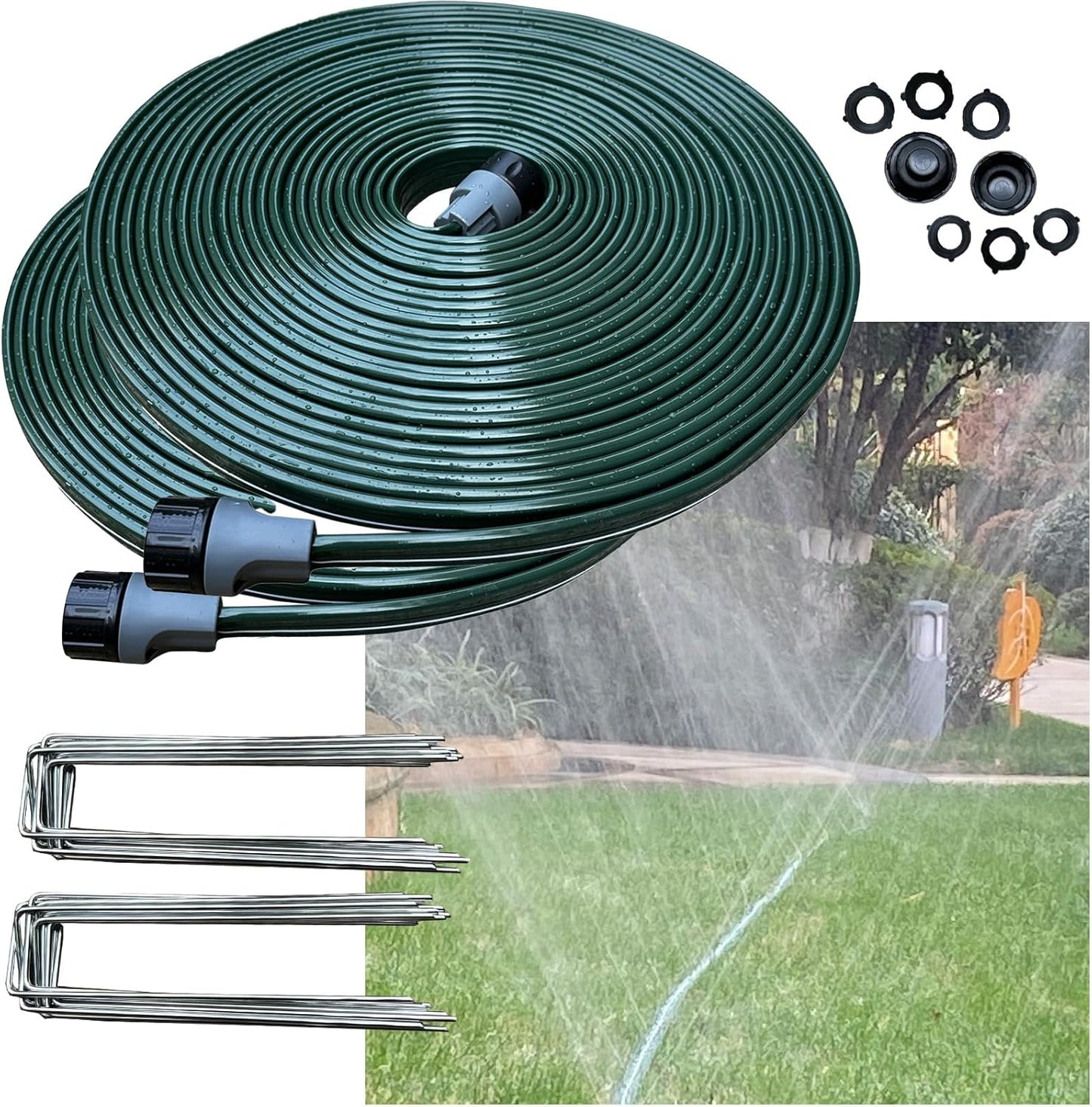 Watoo 2025 Sprinkler Hose & Soaker Hose for Yard - 100 FT Reinforced Flat Garden Hose with Holes, Heavy Duty No-Kink Lawn Irrigation Hose (Includes Stakes, High Pressure Spray)