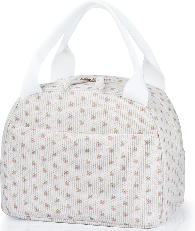 Lunch Bag - Insulated Lunch Box for Women, Reusable Large Capacity Cooler Bag for Adult, Small Leakproof Cute Corduroy Lunch Tote for Work Office Travel Picnic (Little Flower White)
