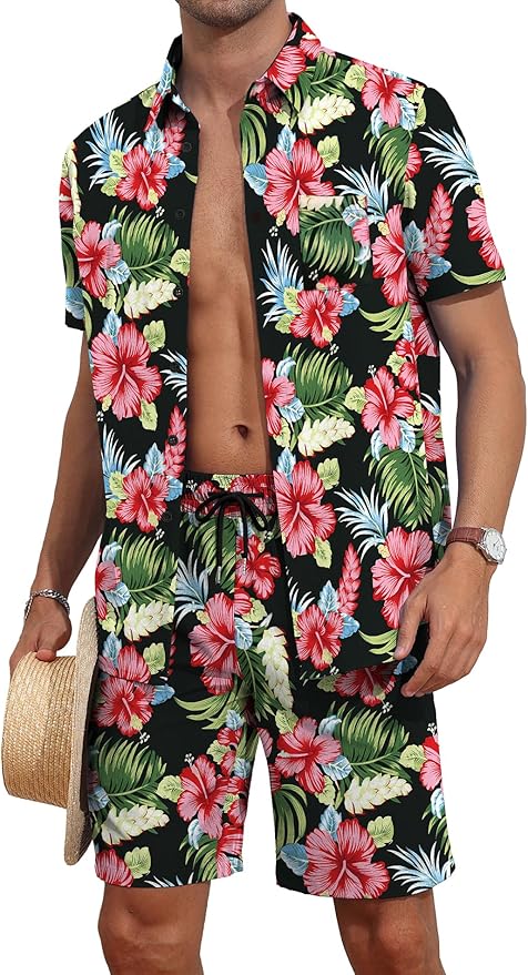 YTD Mens Flower Hawaiian 2 Piece Outfit Sets Short Sleeve Beach Casual Button Down Shirt and Shorts Suits