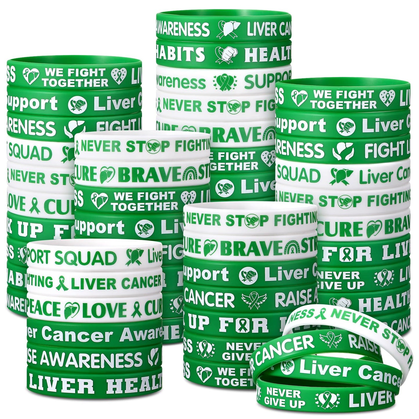 100 Pcs Liver Cancer Awareness Wristbands Bulk 10 Styles Green Ribbon Silicone Bracelets Liver Cancer Awareness Wristbands with