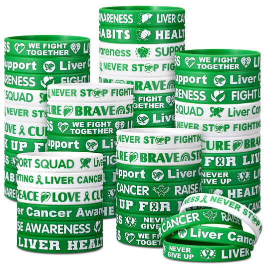 100 Pcs Liver Cancer Awareness Wristbands Bulk 10 Styles Green Ribbon Silicone Bracelets Liver Cancer Awareness Wristbands with