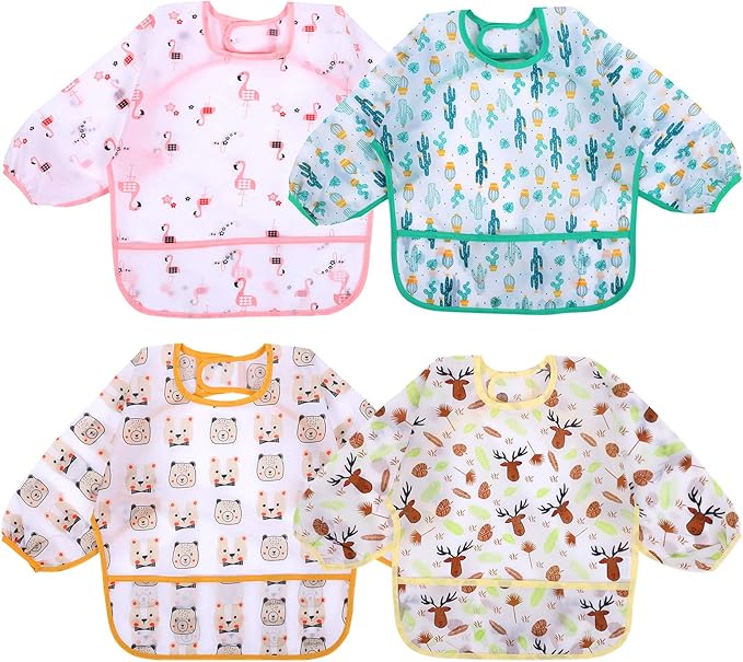 Accmor 4 Pack Long Sleeve Bibs, Baby Smock Waterproof Sleeved Bib Smock for Baby Toddler 6-36 Months