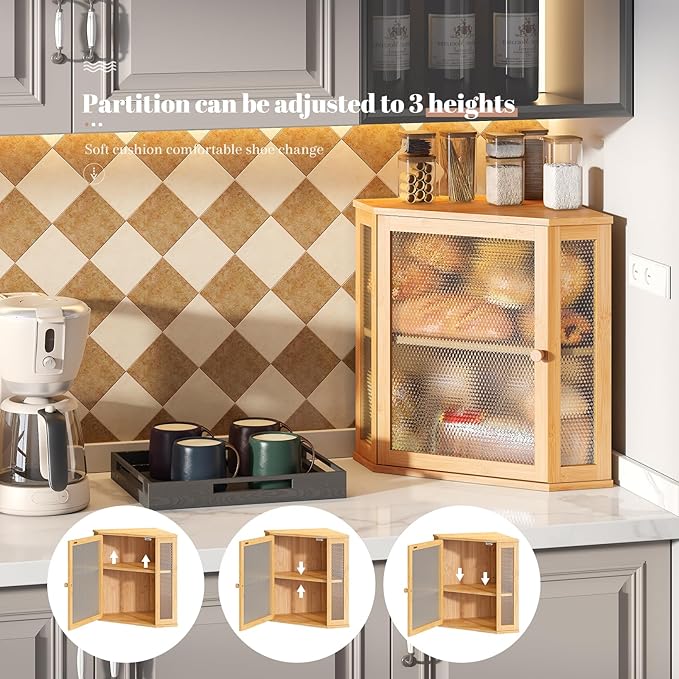 Corner Bread Box Kitchen Countertop Extra Large Capacity Farmhouse Bread Box, Corner Countertop Storage, Double Layer Bread Holder (Natural, Extra Large)