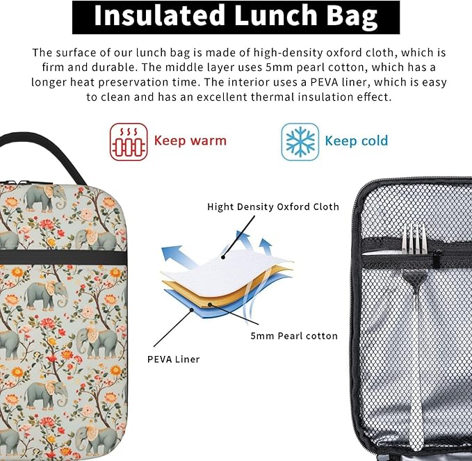 Elephant Lunch Box Insulated Lunch Bag for kids Girls Boys,Reusable Lunch Box Containers for Women Men,Durable Cooler Tote Bag Lunchbox for Office/School/Picnic