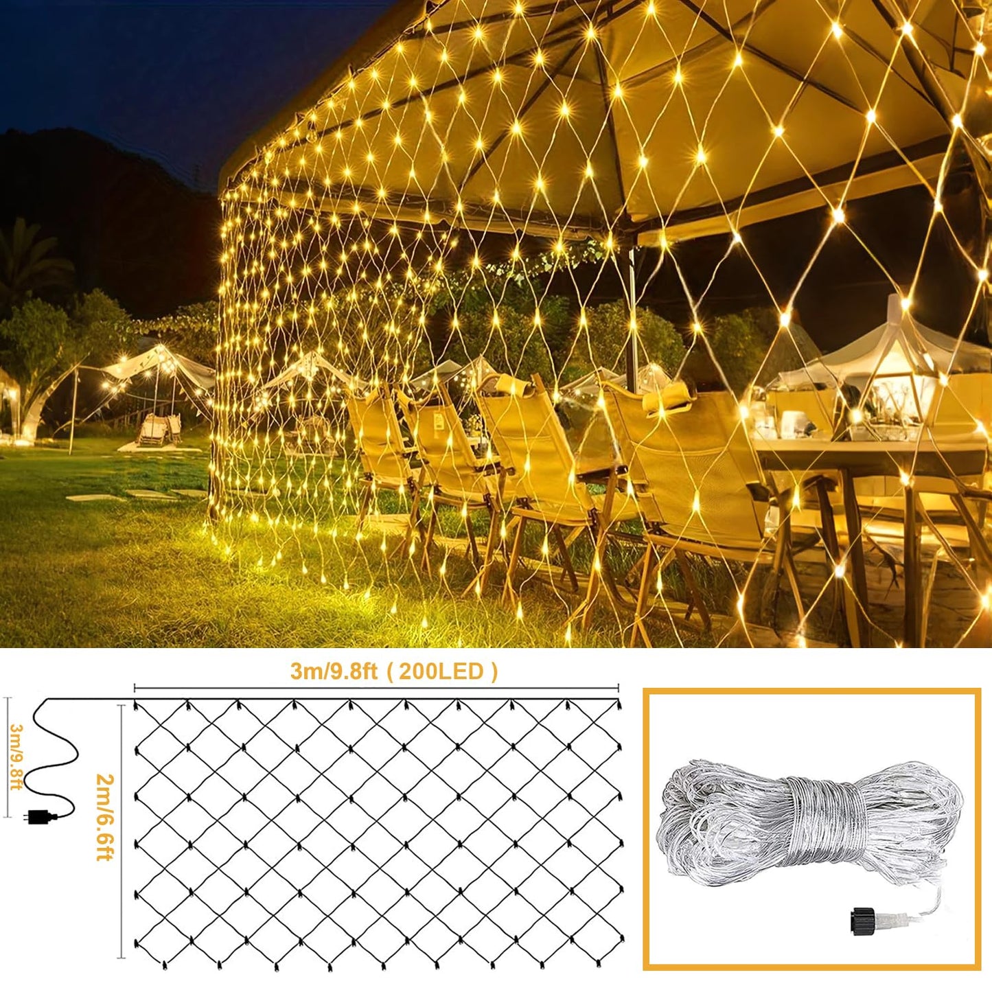 JMEXSUSS Net Lights Outdoor, 200 LED, 9.8ft x 6.6ft, Warm White, 8 Modes, Model EXS-N-0200, Christmas Decoration