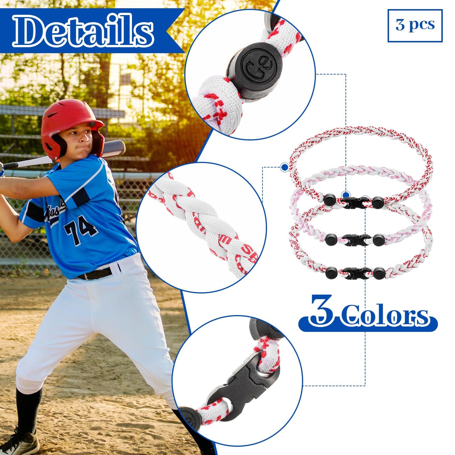Junkin 3 Pcs Baseball Necklaces Three Braided Rope Titanium Necklace for Team Gifts Boys Men Player Softball Fans Sports (Red an