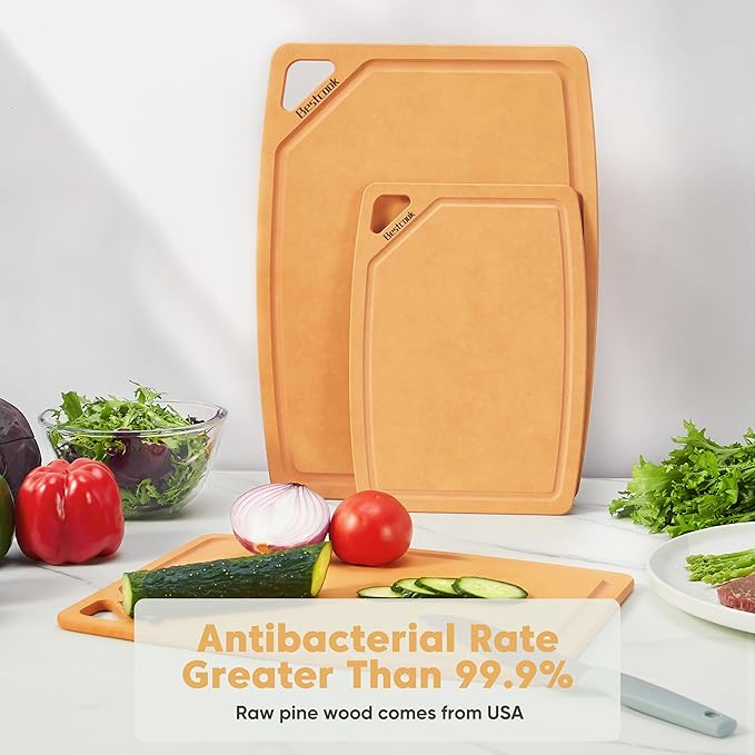 BESTCOOK Wood Fiber Cutting Board Set of 3, Composite Chopping Boards with Juice Groove, Dishwasher Safe, Non-Toxic, BPA-Free, Non-Porous, Non-Slip Feet, Durable for Cutting Meat, Vegetables, Fruit