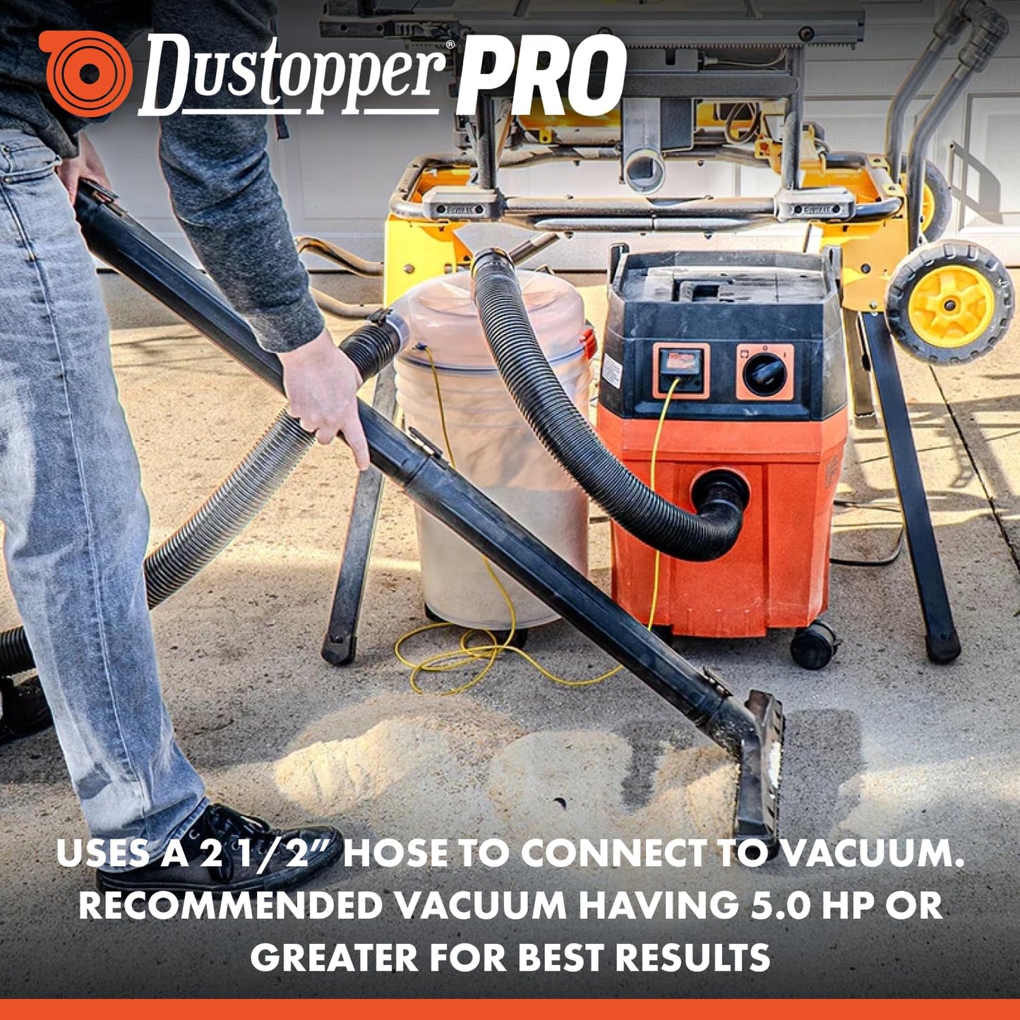 The Dustopper PRO, Low-Profile Dust Separator for Shop Wet/Dry Vacuums. Includes High-Flow 90 Degree Sweep Elbows and Connection Hose. Fits Standard 5 Gallon Buckets, Made in USA