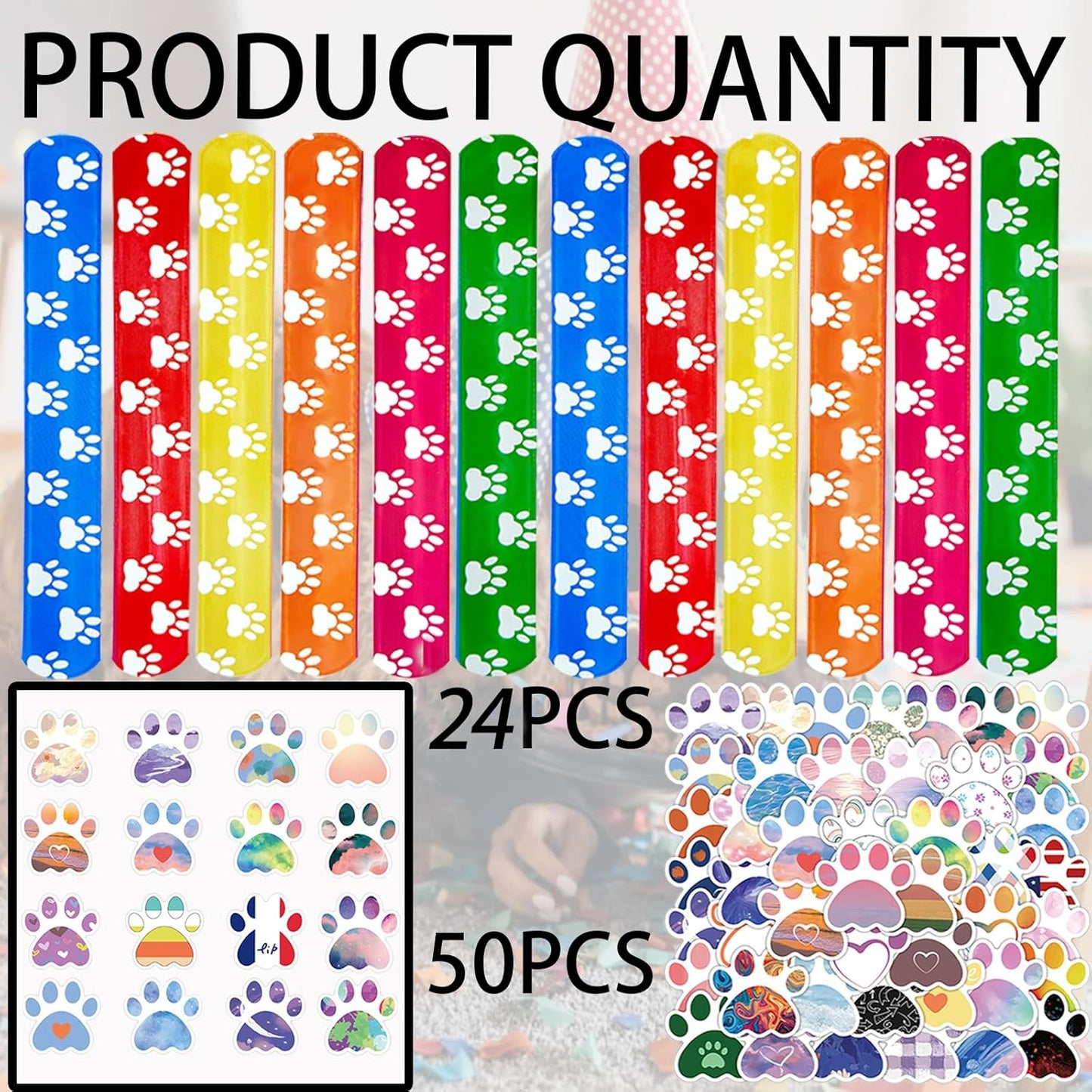 74Pcs Dog Claw ThemeParty Favors Contain 24 Pcs Dog Claw Slap Bracelets 50 Pcs DogClaw Stickers, Birthday Party Decorations,Classroom Rewards Supplies