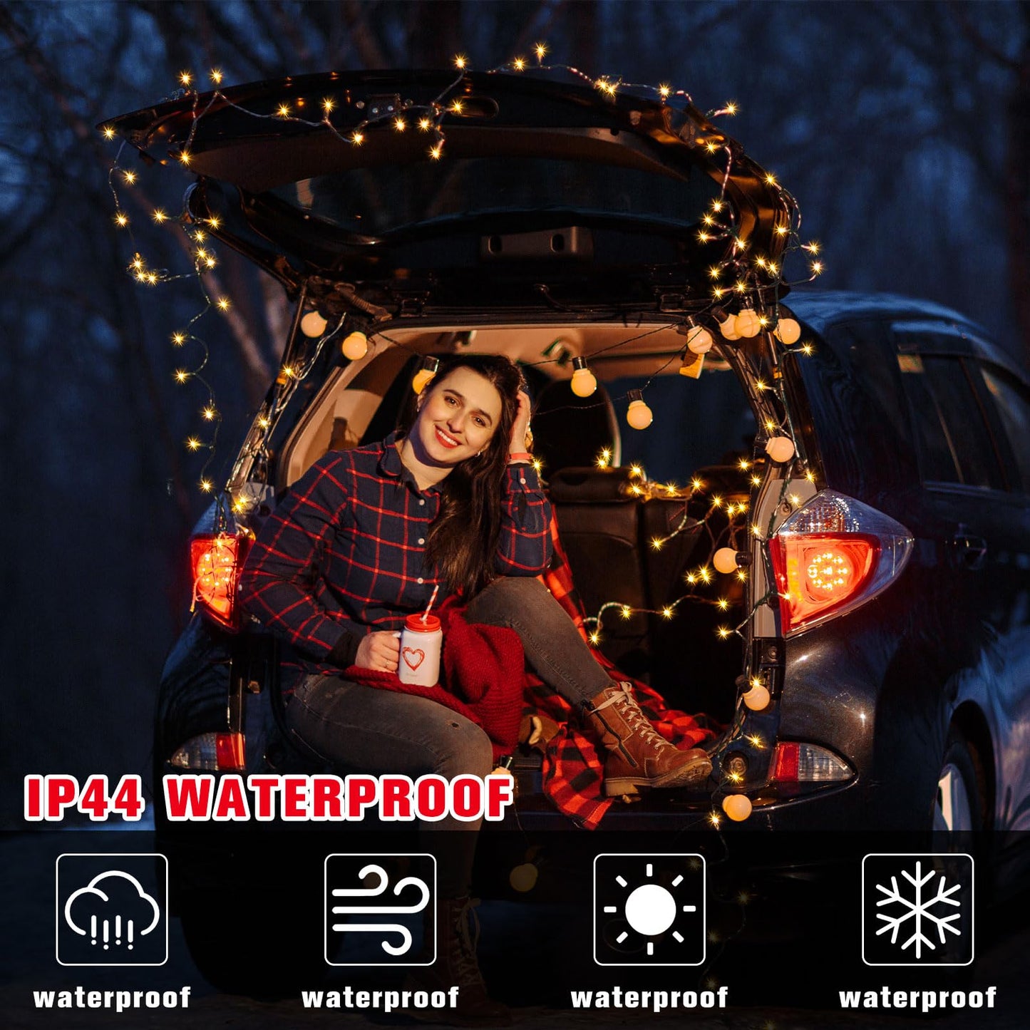 Aurelema 12V Christmas 32 Ft Car Led String Light Golf Cart Decorations Warm Yellow Light String Waterproof Atmosphere Lighting Kits For Christmas Car Accessories