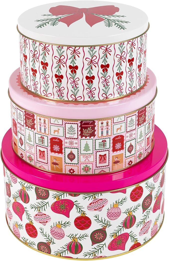 Martha Stewart Metal Cookie Tins, 3-Piece Nesting Set, Small, Medium & Large, Christmas Containers for Gift & Storage (Ornaments and Bows)