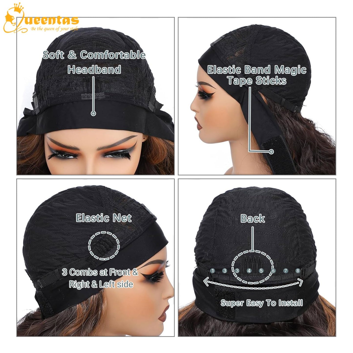 QUEENTAS 13 Bob Headband Wigs for Black Women Natural Black Bob Straight Hair Synthetic Headband Wigs Shoulder Length No Lace Ea