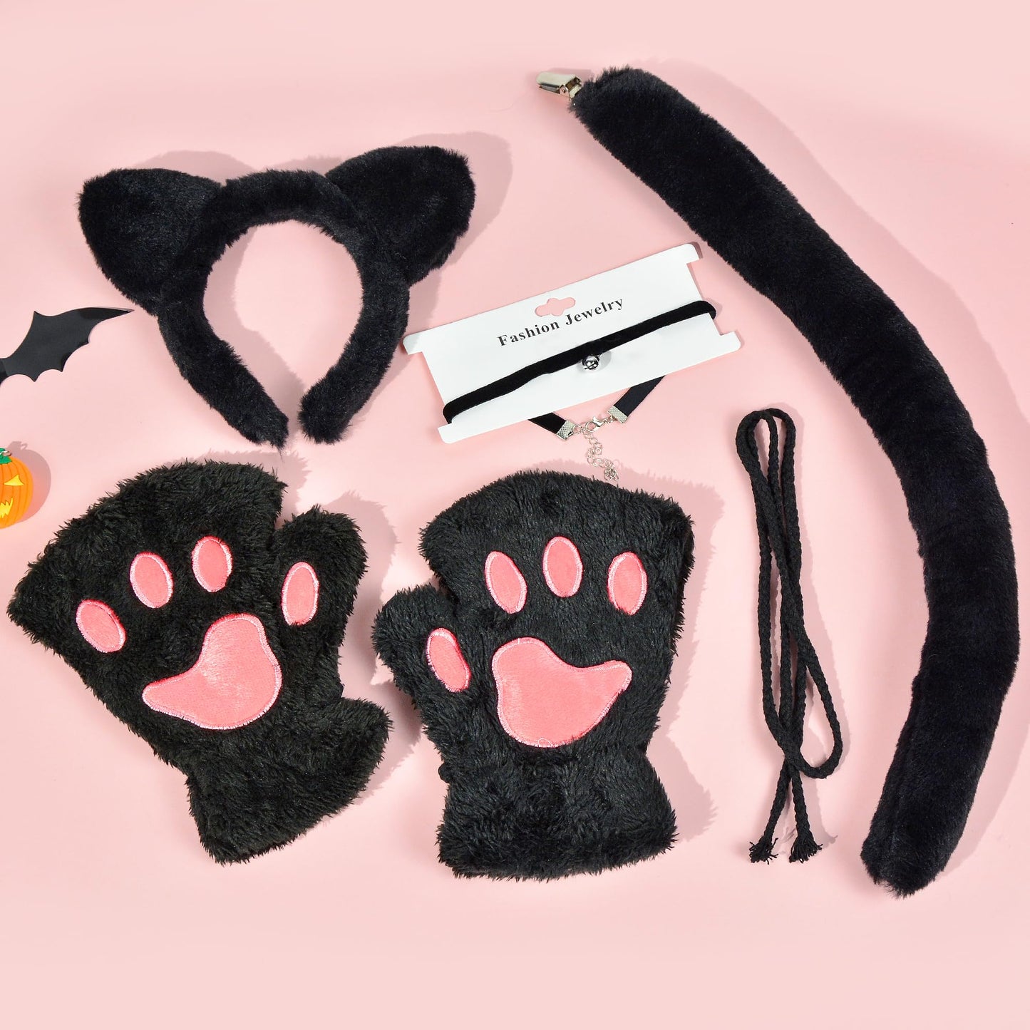 Gofriipai Black Cat Costumes, Cat Ears Headband Tail Paws Gloves Collar Set, Costumes for Women, Halloween Costume Accessories for Adults Girls