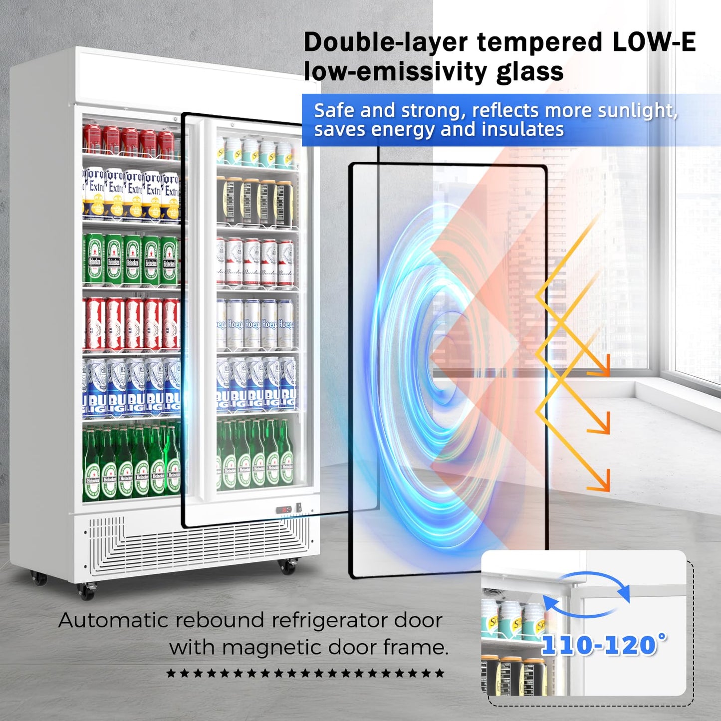 BINGERMA Commercial Merchandiser Display Refrigerator with 2 Glass Doors 30 Cu.ft Beverage Back Bar Cooler Black Drink Fridge for Convenience Stores, Supermarkets,Bars,Offices White