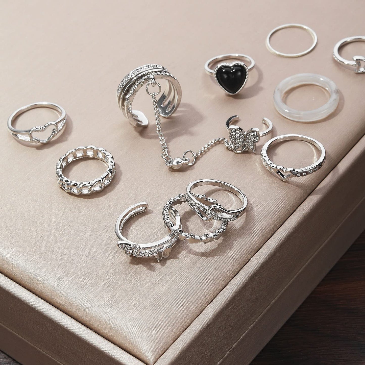 IFKM 21 PC Silver Plated Jewelry Set with 3 Necklace, 3 Bracelet, 15 Knuckle Rings for Women - Valentine, Anniversary, Birthday, Friendship - Cute Fashion Gifts