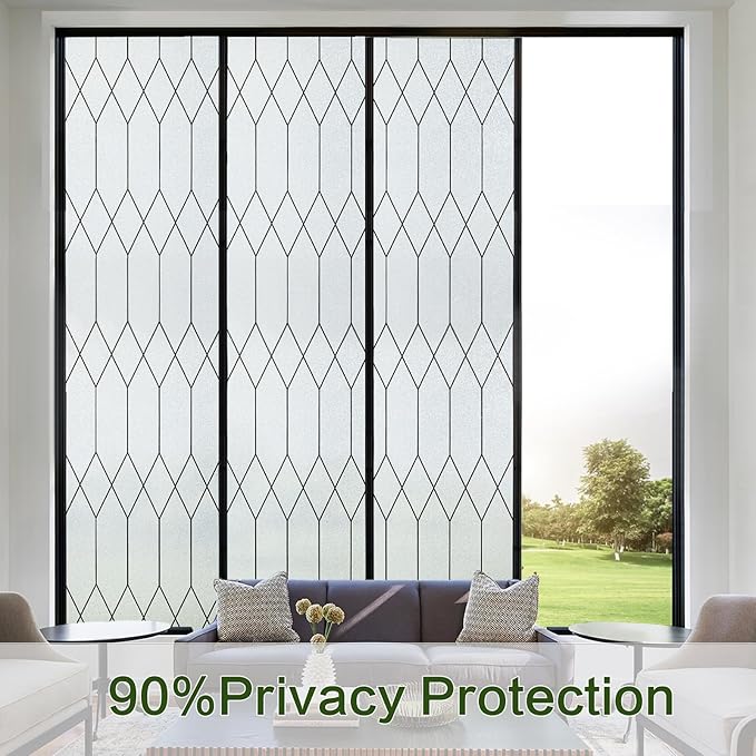 Windimiley Window Privacy Film Stained Glass Static Clings, Bathroom Frosted Leaded Decorative Window Stickers, UV Heat Blocking Opaque Removable for Home Door Coverings (35.4 x 118.1in,Pure)
