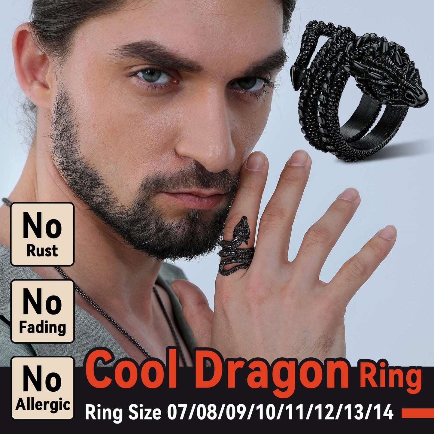 FaithHeart Mens Gothic Rings Stainless Steel Norse Viking Masculine Dragon Biker Ring Punk Retro Vintage Nordic Mythology Jewelr