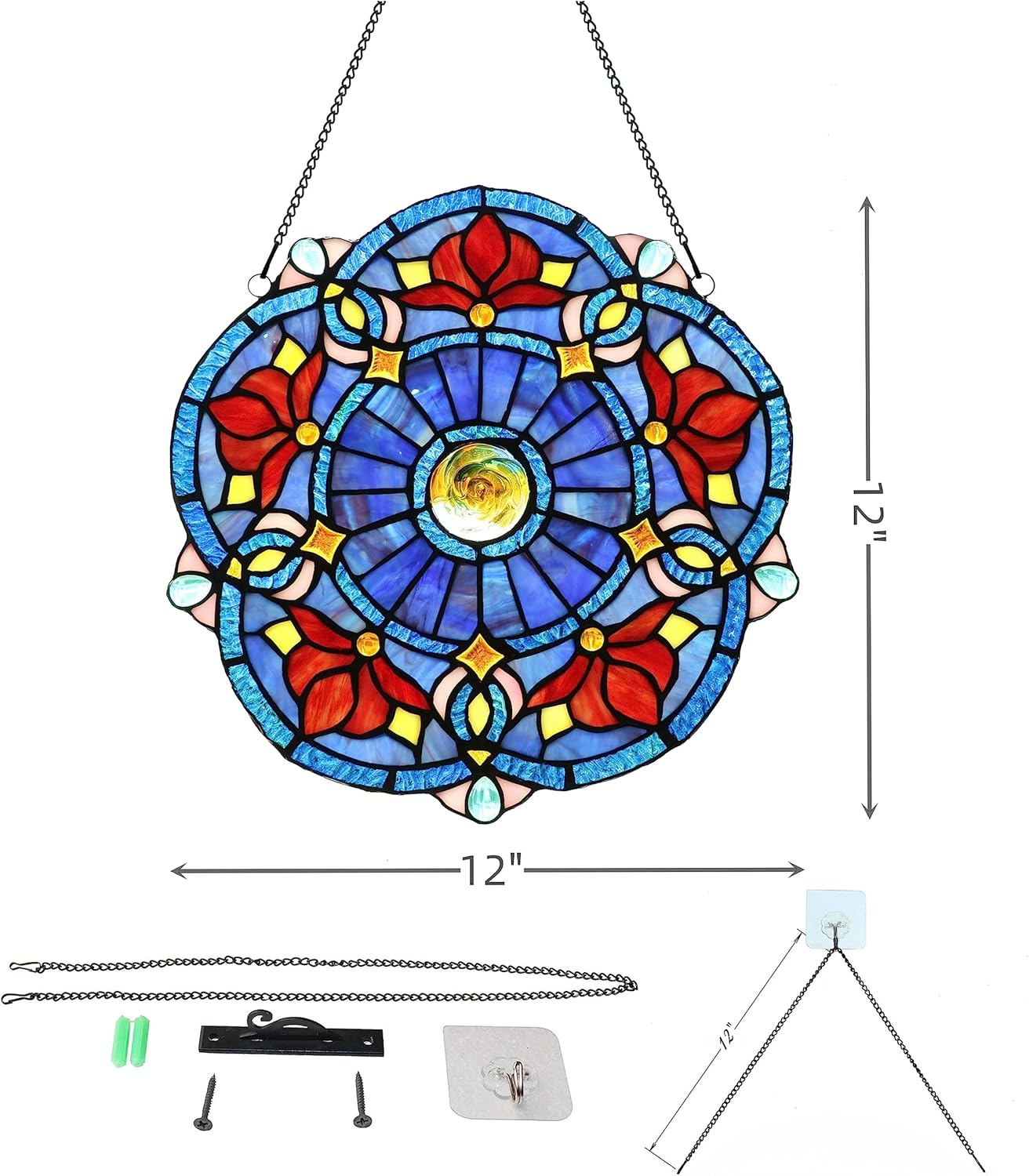 Victorian Style 12" Stained Glass Window Hangings Panel,Decorative Window Hanging Suncatcher, Blue and Red