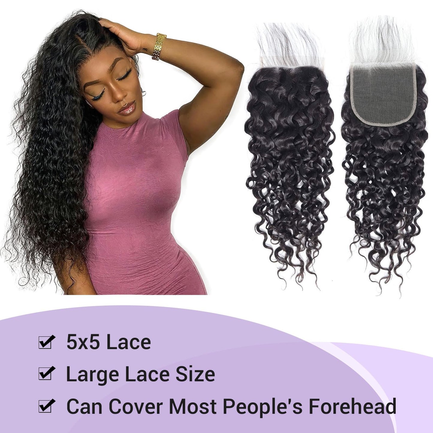 DSEKCAIN Water Wave 5x5 HD Lace Closure Human Hair Lace Closure Transparent HD Lace Closure 100% Raw Virgin Human Hair Free Part