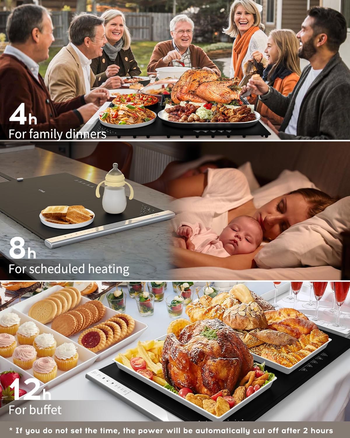 VTAR Electric Food Warming Mat Tray Warmer for Party Buffet Servers, Dual-Zone Heating with Independent Temperature Control, Hot Logic Heating Heater, Full Surface Keep Warm - Black