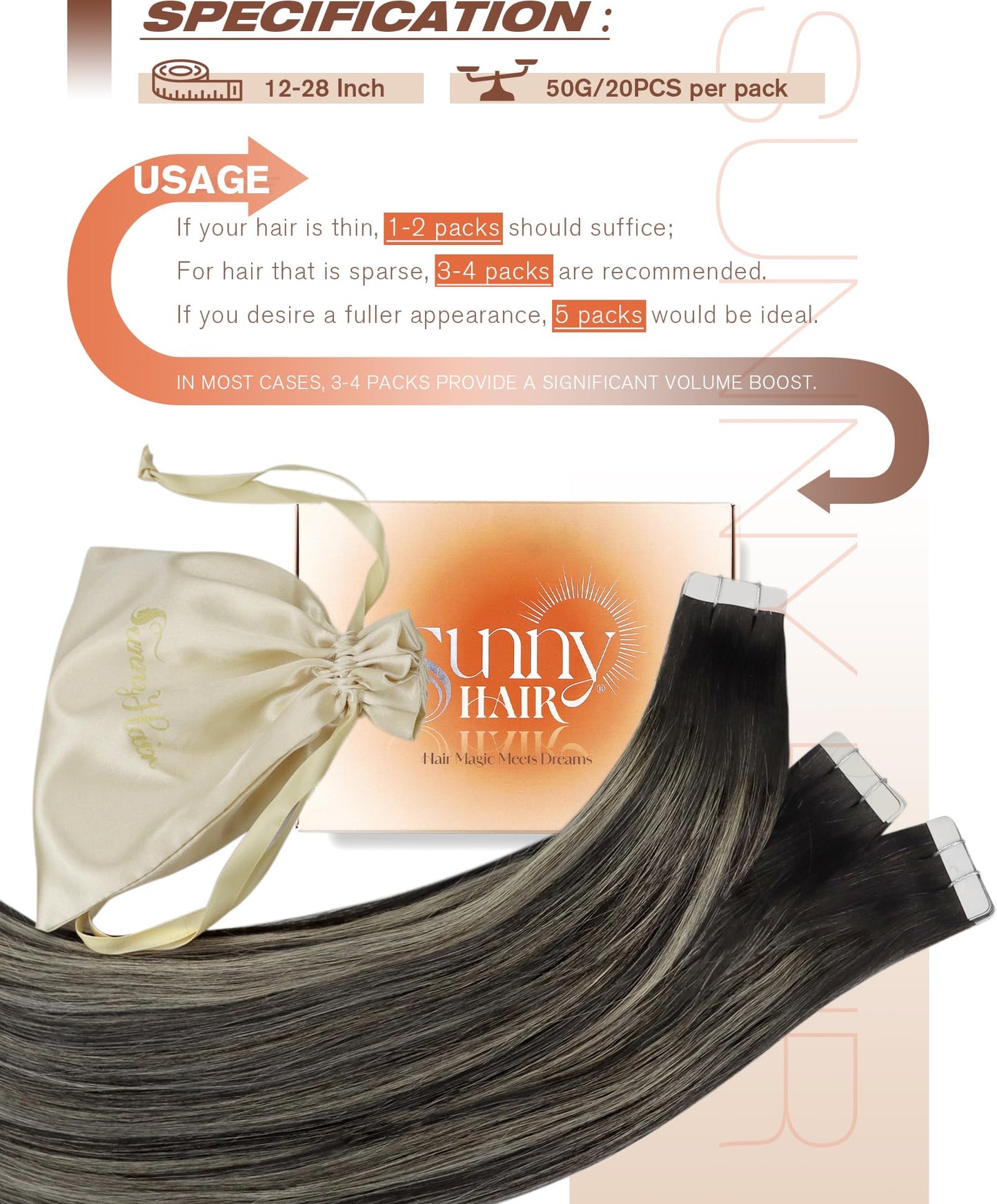 Sunny Hair Tape in Hair Extensions Real Human Hair Invisible Remy Hair Extensions Tape ins for Women Natural Black Roots to Silv