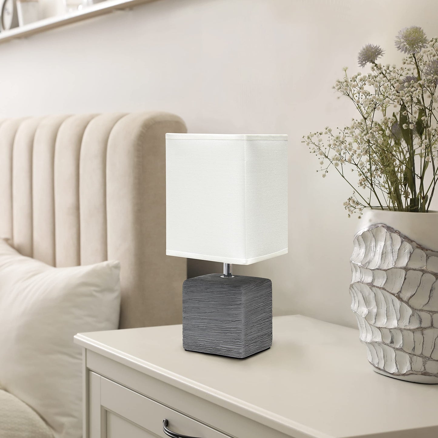 Simple Designs Lt2072-Gry Petite Faux Stone Table Lamp, Gray/White Fabric Shade, Ceramic, 1 Count