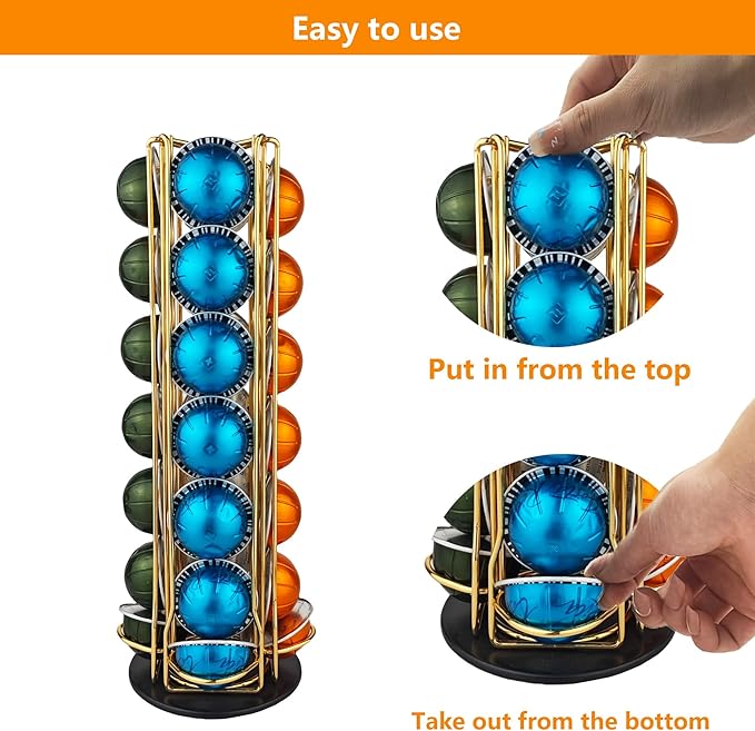Vertuo Pod Holder Carousel Stand for 28 Nespresso Vertuo Capsule Storage Organizer with Extra Space for Coffee Mate Silent Rolling，Gold
