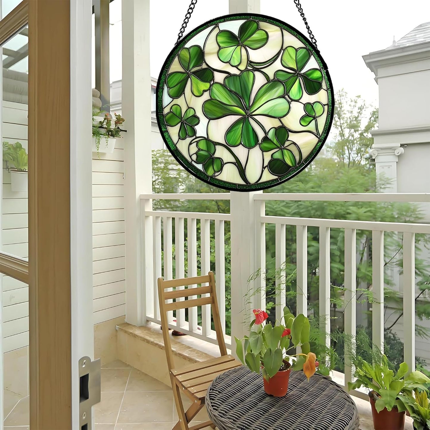 Stained Glass Window Hanging - Green Clover Flowers Suncatcher for Doors Garden St. Patrick's Day Plant Floral Sun Catchers Decor Mother's Day Birthday Gifts for Women Men Mom Nana 6.3 in