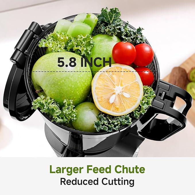 Cold Press Juicer – 5.8" Wide Mouth Hopper for Whole Recipe Loading, Self Feeding for Hands-Free Operation, Zero Waste Masticating Juicer For More Juice, Less Pulp – Triple Strainers