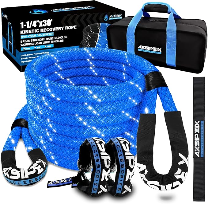 AXSIPEIX Kinetic Recovery Rope Kit (Reflective), 1.25in x 30ft 56,000Lbs, 35% High Elasticity, w/ 2 Soft Shackles, 18,666L...