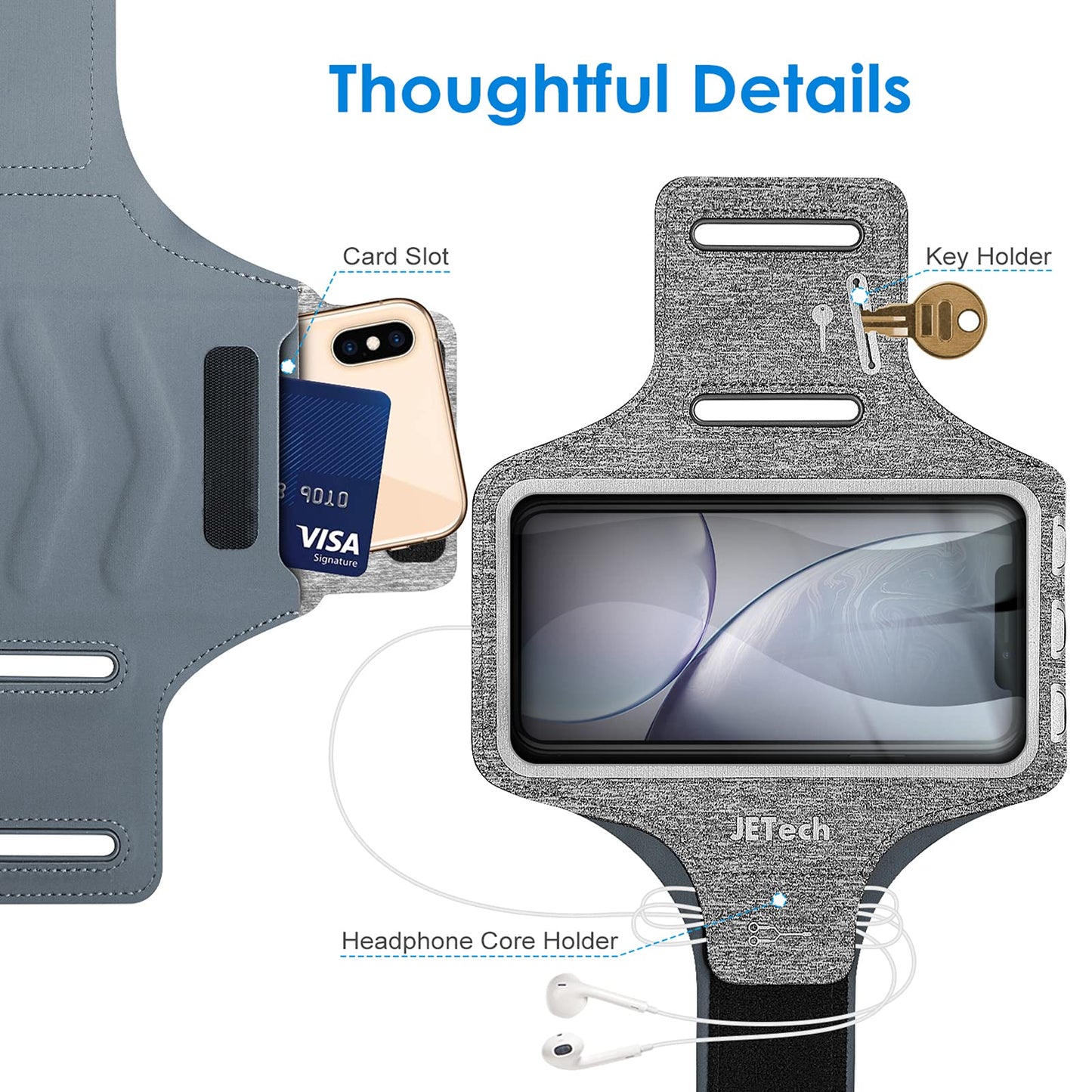 Jetech Phone Armband Holder With Key Holder And Card Slot For Phone Upto 6.2 Inch, Iphone 16E/16/15 Pro/15/14 Pro/14/13 Pro/13,
