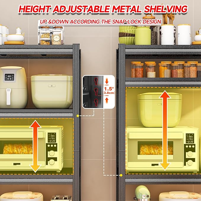 Kitchen Storage Shelves, 3 Tier Adjustable Shelf Organizer, 31.5”High Kitchen Shelving, Reinforced Design Pantry Shelf, Kitchen Appliance Storage, for Pantry and Garage, Black
