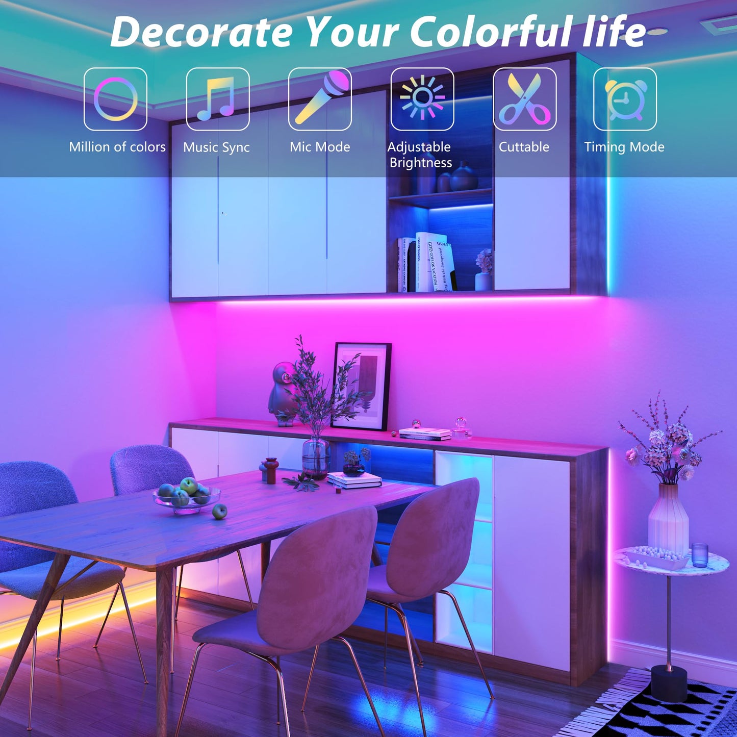GANZQH RGB LED Strip Lights, 300FT Color Changing, Music Sync, Remote/App Control, Plastic, White, Model GAN-rgb008-2