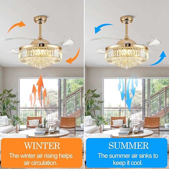 42'' Gold Crystal Chandelier Fan Fandelier Retractable Ceiling Fan with Light and Remote, Invisible Fandelier Ceiling Fan with Light for Bedroom Living Room(crystal-gold)