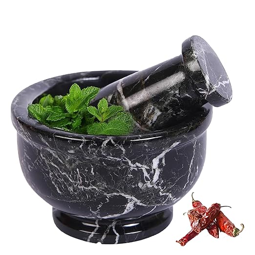 Exquisite Marble Mortar and Pestle Set - Your Ultimate Kitchen Essential for Grinding Spices, Making Guacamole, Salsa, Pesto, and Crushing Pills (Black Zebra, Bowl Shape (4"))